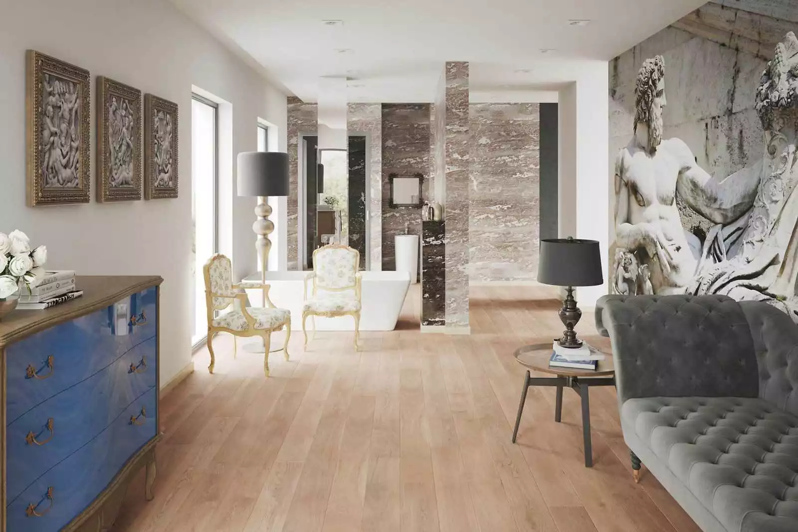 Parquet chêne contrecollé les naturel 3-ply prime NUDE puis vernis extra mat, parquet pas cher